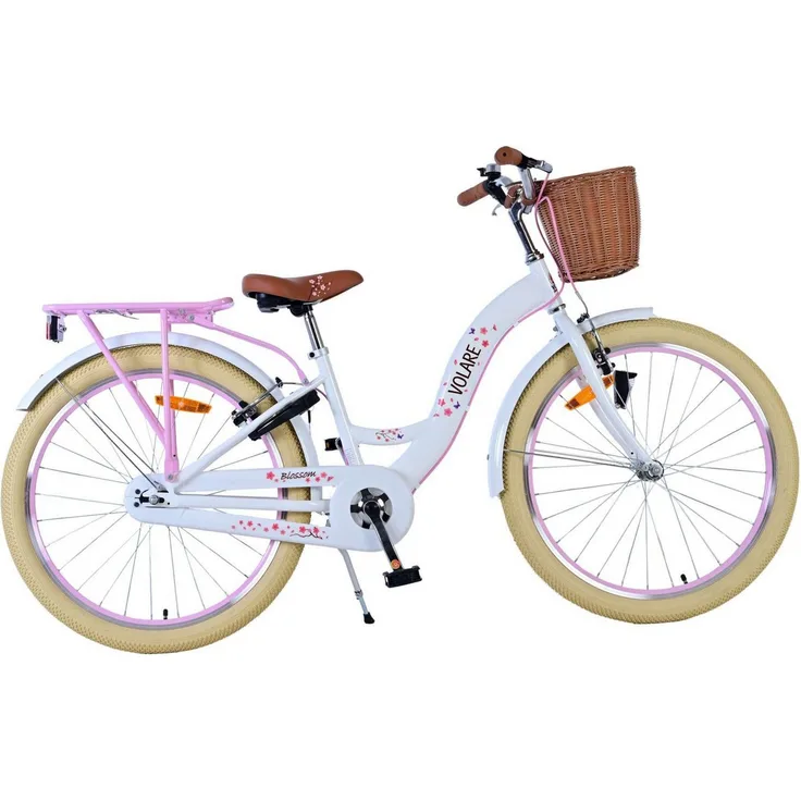 Volare Blossom Kinderfahrrad für Mädchen - 24 Zoll in Weiß, höhenverstellbarer Lenker, geschlossener Kettenschutz, Handbremsen, mit Korb und Schloss