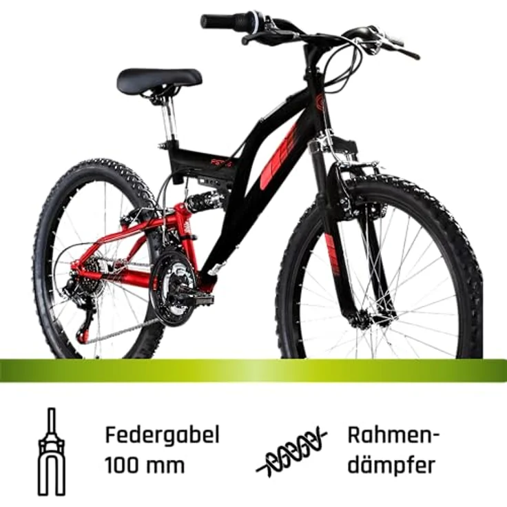 Galano Mountainbike FS240, 18 Gang Shimano Tourney, 24 Zoll Jugendfahrrad für 130-145 cm, schwarz/grün – Bild 4