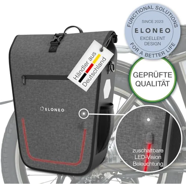 Eloneo Velotasche, 25 l Gepäckträgertasche mit gepolstertem Laptopfach, zuschaltbarer LED-Beleuchtung und Quick-Connect-System, wasserdicht nach IPX4 – Bild 9