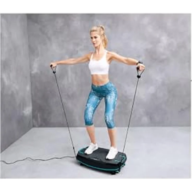 CRIVIT Sport Vibrationsboard Vibrationsplatte Fitness Trainer Plus, 6 Trainingsprogramme, stabiler Metallrahmen, max. 130 kg, mit 2 Expandern und Fernbedienung – Bild 3