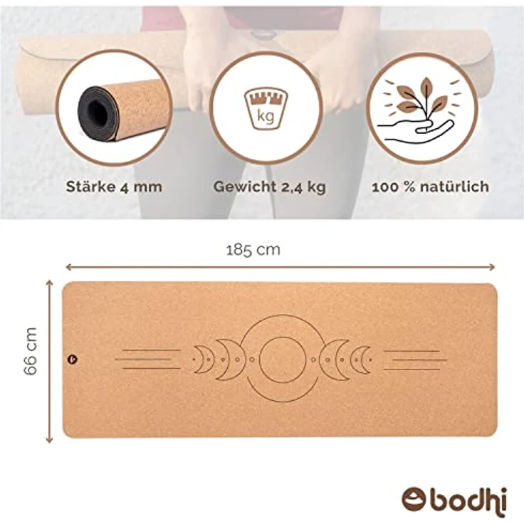 bodhi Yogamatte Kork | 4 mm | 100% Nachhaltig & Ökologisch | Hohe Rutschfestigkeit | Yoga Matte aus Kork & Naturkautschuk | Ideal für Hot Yoga | 185 x 66 x 0,4 cm | Luna – Bild 4