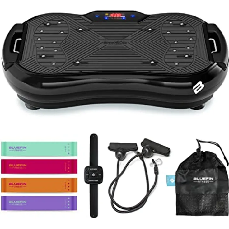 Bluefin Fitness Vibrationsplatte Ultra Slim Plus | Vibrationsplatte Trainingsgerät für Ganzkörpertraining | Kompaktes Design Power Plate mit Widerstandsbändern | Vibrations-Fitness-Trainer für Zuhause