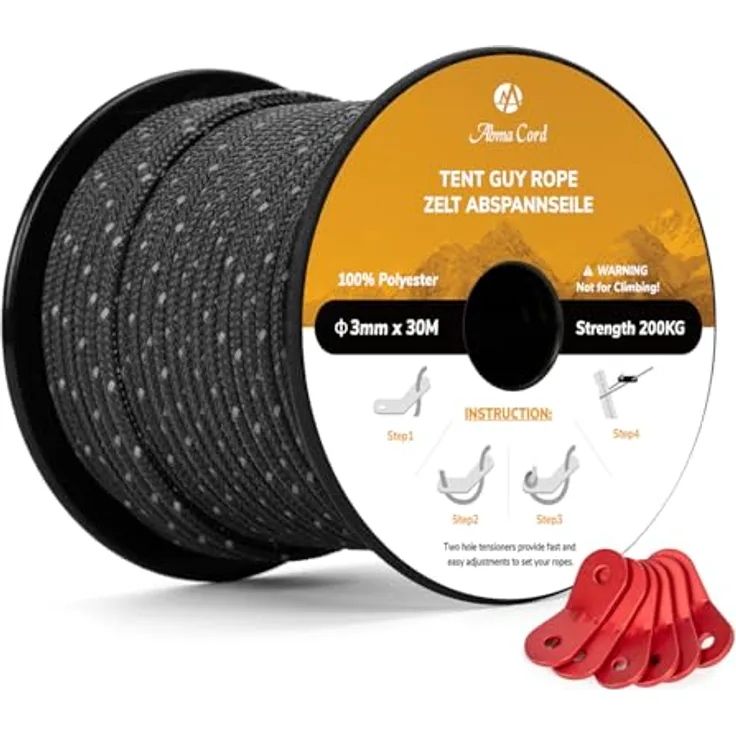 Abma Cord Abspannseile Zeltschnur, 6 Stück Seilspanner, 3mm Durchmesser, 30m Länge, reflektierende Schwarz, für Zelte und Camping