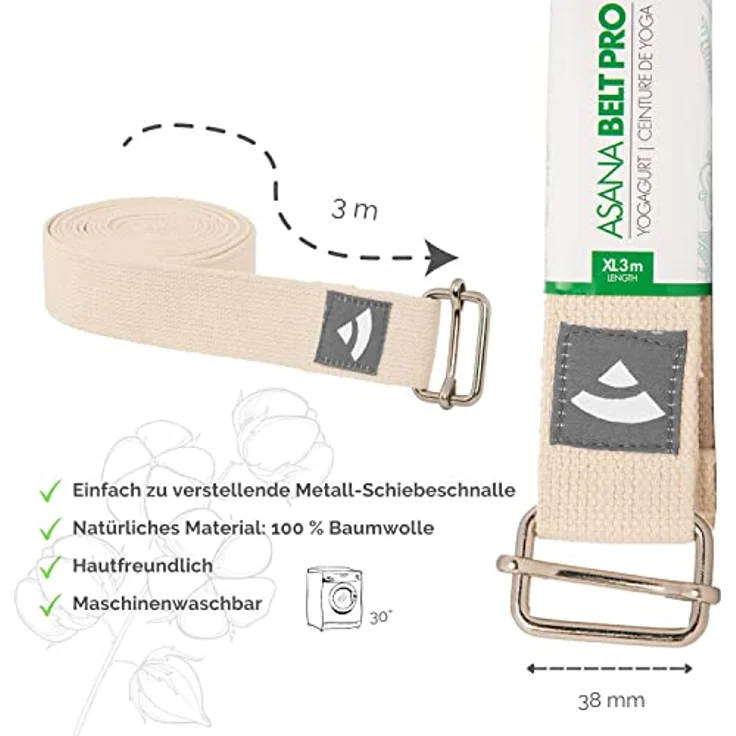 Bodhi ASANA BELT PRO Yogagurt mit Metall-Verschluss, Schiebe-Schnalle eckig, langer Gurt aus Baumwolle, 3 m x 38 mm, Yoga Hilfsmittel, blau – Bild 3