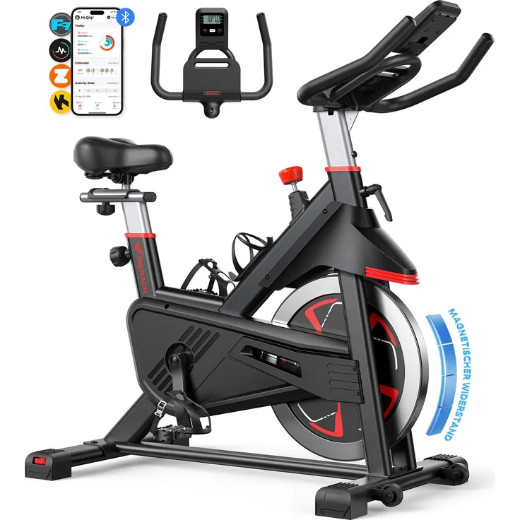Merach Leises Magnetischer Heimtrainer, Fitnessbike mit LCD, Tablet-Halter, 0–100 % Widerstand, bis 180 kg, kompatibel mit Kinomap/Zwift, verstellbar