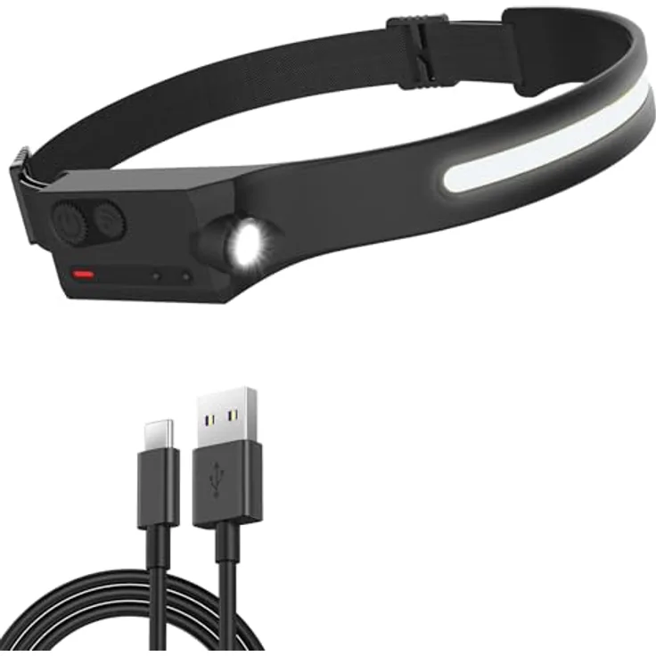 Pristar Stirnlampe LED, wiederaufladbar, USB-C, 5 Modi, 230° Weitwinkel, IPX4 wasserdicht, ideal für Joggen, Camping und Angeln