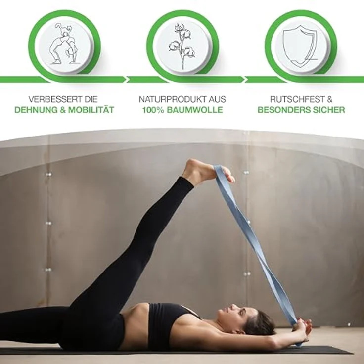BACKLAxx® Yoga Gurt Baumwolle (blau) – Nachhaltiges Yoga Zubehör Set, Yogagurt 250 cm lang mit praktischem Verschluss aus Metall – Yoga Set ideal für Yoga, Pilates und Dehnen inkl. Anwendungsvideos – Bild 2