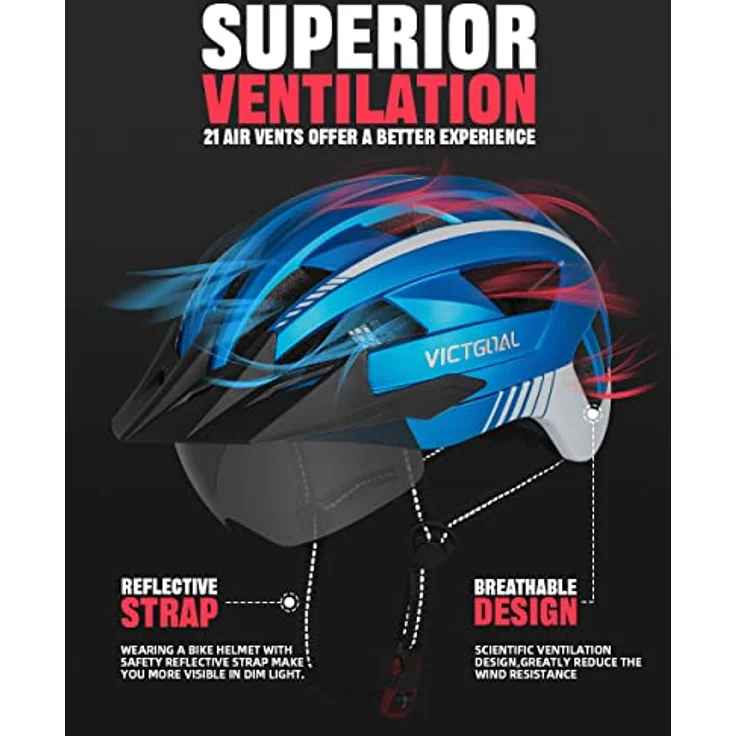 Victgoal VICTGOAL Fahrradhelm MTB mit Abnehmbarer Magnetbrille, Atmungsaktiv mit 21 Belüftungskanälen, Einstellbar (L: 57-61cm, Metalblau) – Bild 3