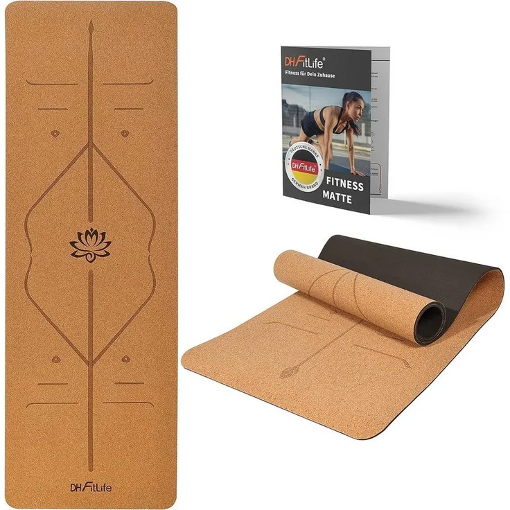 DH FitLife Kork Yogamatte 183 x 61 x 0,6 cm, rutschfest und hautverträglich mit Orientierungslinien, leicht & tragbar