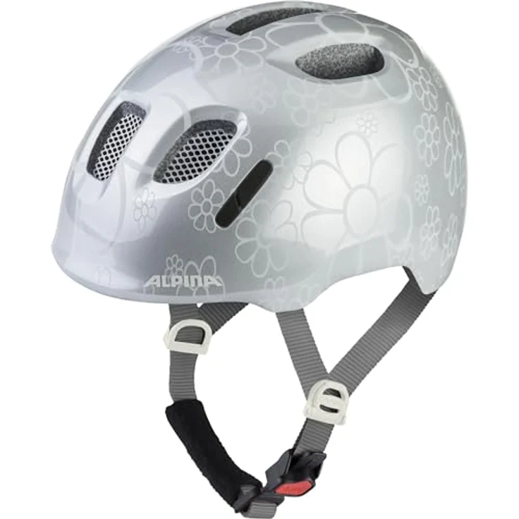 ALPINA Ximo, leichter und bruchfester Kinderfahrradhelm mit optionalem LED-Licht, Silver Flower Gloss, 47-51, 360°-Fitsystem, hohe Sichtbarkeit – Bild 1