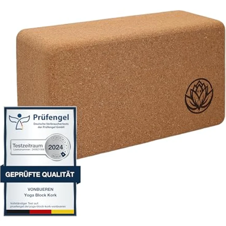 VonBueren Yoga Block aus Kork, 22 x 12 x 7,5 cm, rutschfest und elastisch, leicht und handlich, Yogazubehör für Damen und Herren – Bild 1