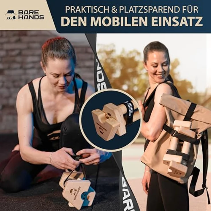 BARE HANDS Liegestützgriffe aus Holz "Modell S", 2er Set Parallettes, rutschfest & kompakt mit Video-Guide für Push Ups und Calisthenics – Bild 4