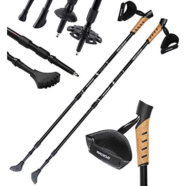 Sportana Nordic Walking Stock Teleskopstock 5 Aufsätze Anti-Shock Federung Wanderstöcke Trekkingstöcke Silber