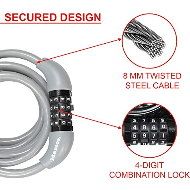 Master Lock Kabelschloss Nr. 8221EURDPROCOL, 180 cm lang, 4-stelliges Zahlenschloss mit Vinyl-Ummantelung, leuchtende Farben – Bild 4
