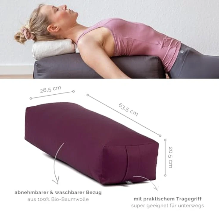 Bodhi Yoga Salamba Bolster Eco | Waschbarer Bezug aus 100% Bio-Baumwolle | Yogarolle eckig mit Bio Dinkelfüllung | Yogakissen groß für Restoratives Yoga | Maße: 63,5 x 26,5 x 20,5 cm (aubergine) – Bild 3