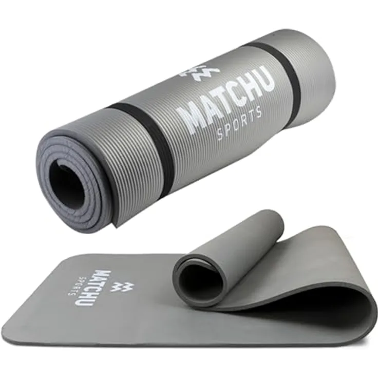 MATCHU Yoga Matte, rutschfest und wasserfest, 183x61x1 cm, aus NBR, inkl. Tragegurt, grau, leicht zu reinigen