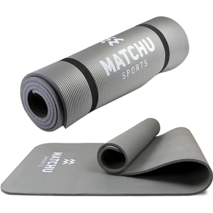 MATCHU Yoga Matte, rutschfest und wasserfest, 183x61x1 cm, aus NBR, inkl. Tragegurt, grau, leicht zu reinigen – Bild 1