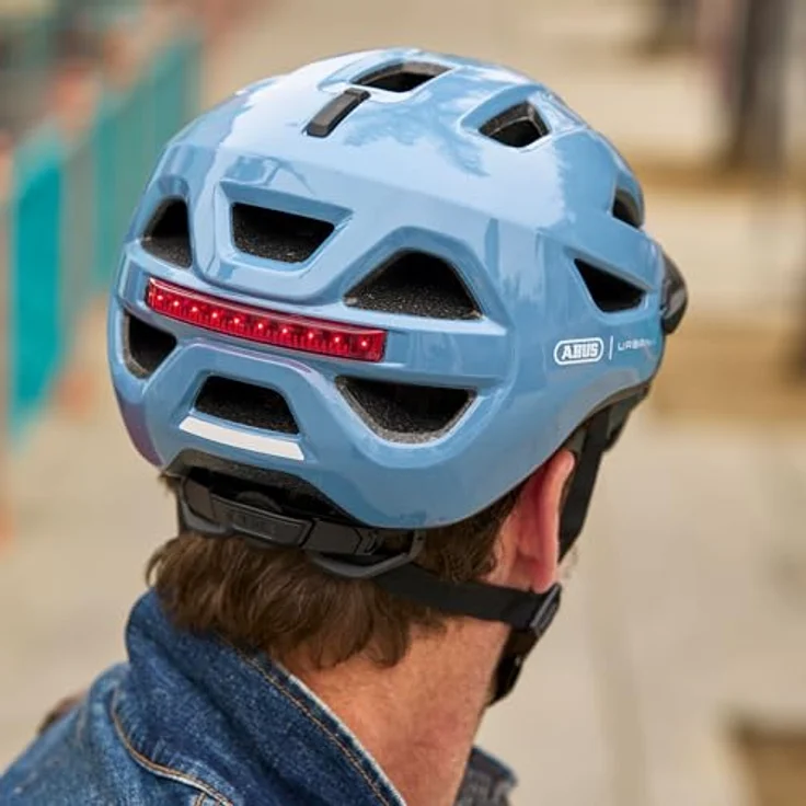 ABUS Urban-I 4.0, Fahrradhelm mit aufladbarem Rücklicht, 2 Leuchtmodi, Zopf-Öffnung, magnetischem Verschluss - Größe M, blau – Bild 10