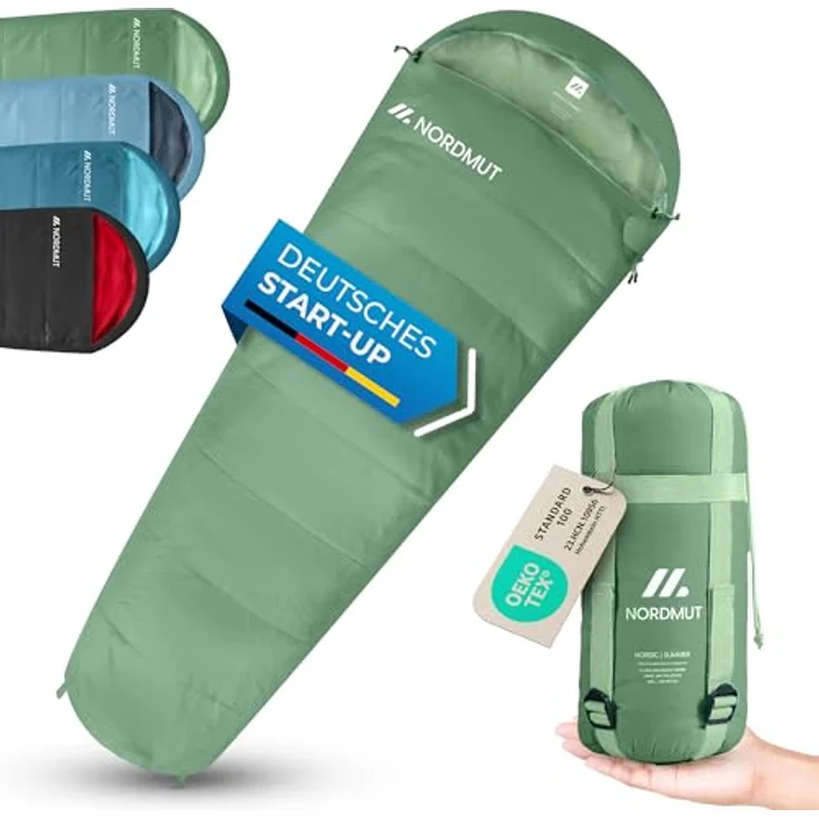 NORDMUT® Schlafsack Ultraleicht, Mumienschlafsack für Sommer (100 GSM) und 4-Jahreszeiten (300 GSM), wasserfest, ergonomisches Design, inkl. Kompressionsbeutel, Grün – Bild 1