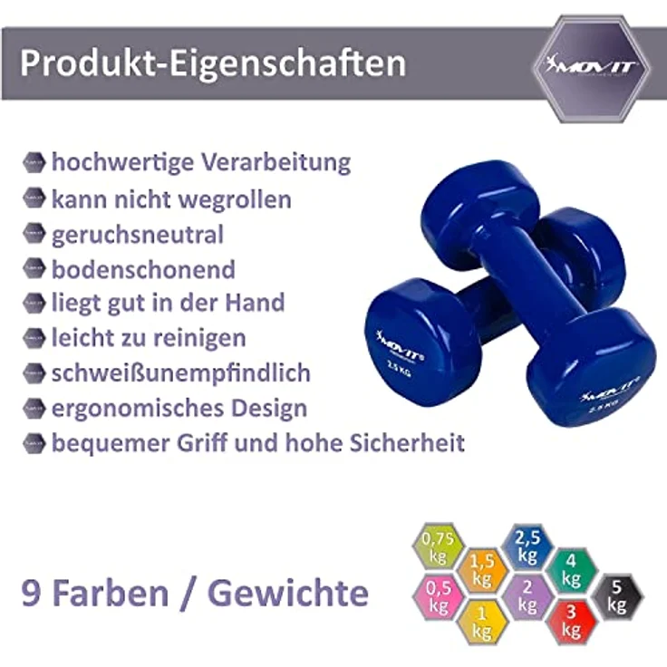 MOVIT 2er Set Vinylhanteln, Kurzhanteln mit Oberfläche aus Vinyl, 2x 2,0kg in Lila - Preisvergleich – Bild 5