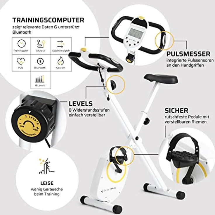 SportPlus Heimtrainer klappbar für zuhause, optional mit App Steuerung, Rückenlehne,Pulsmessung, manuelle oder computergesteuerte Widerstände, platzsparend faltbar – Bild 4