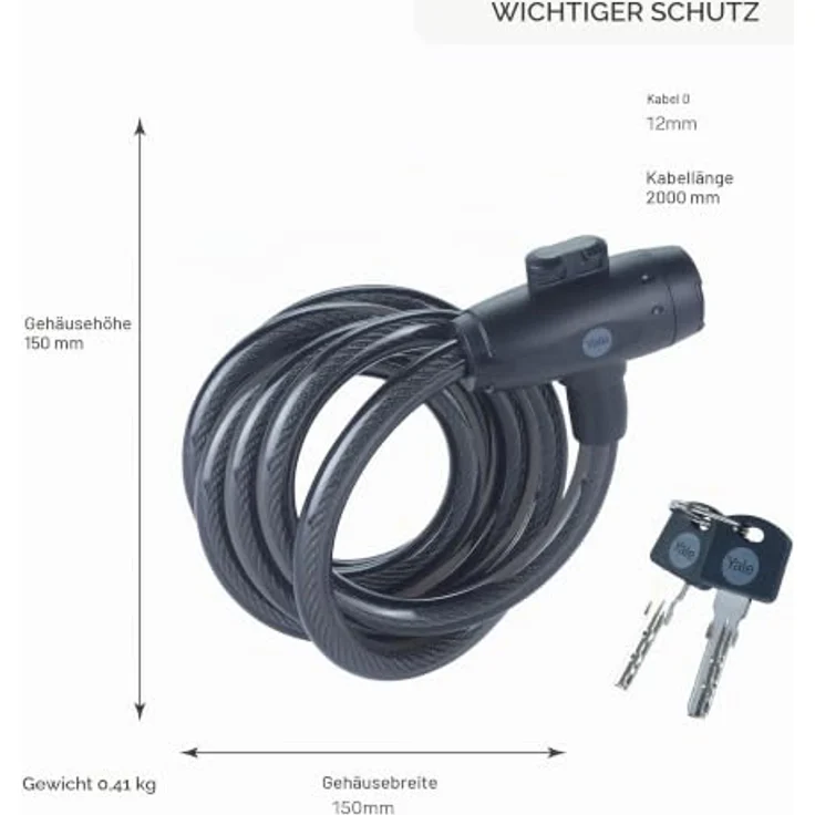 Yale Spiralkabel-Fahrradschloss YCK0/12/200/2-150mm, Ø12mm Stahlgeflecht, 2 Schlüssel, korrosionsbeständig bis 96 Stunden – Bild 5