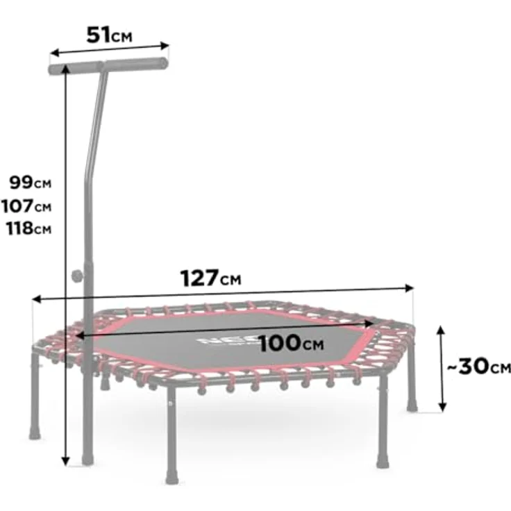 Neo-Sport Mini Jumping Trampolin, Fitness Trampolin mit höhenverstellbarem Haltegriff, Ø 127 cm, bis 100 kg, Indoor/Outdoor, rot – Bild 3