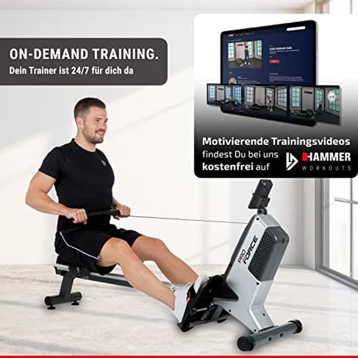 HAMMER Rudergerät Pro Force - platzsparendes, leichtes & hocheffektives Ausdauergerät mit 20 Trainingsprogrammen und Tablet-Halterung, bis 120 kg Nutzergewicht – Bild 2