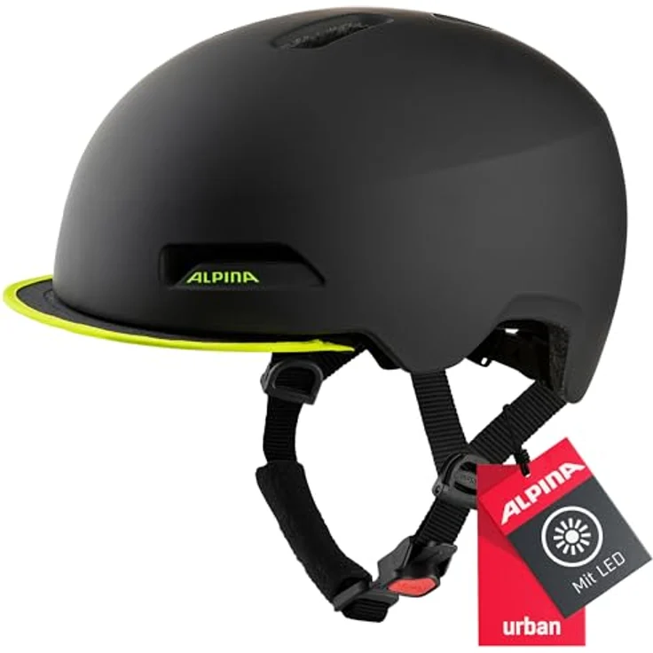 ALPINA BROOKLYN - Beleuchteter, Robuster und Komfortabler Urban Fahrradhelm Mit LED-Licht Für Erwachsene, black-neon yellow matt, 57-62 cm – Bild 2