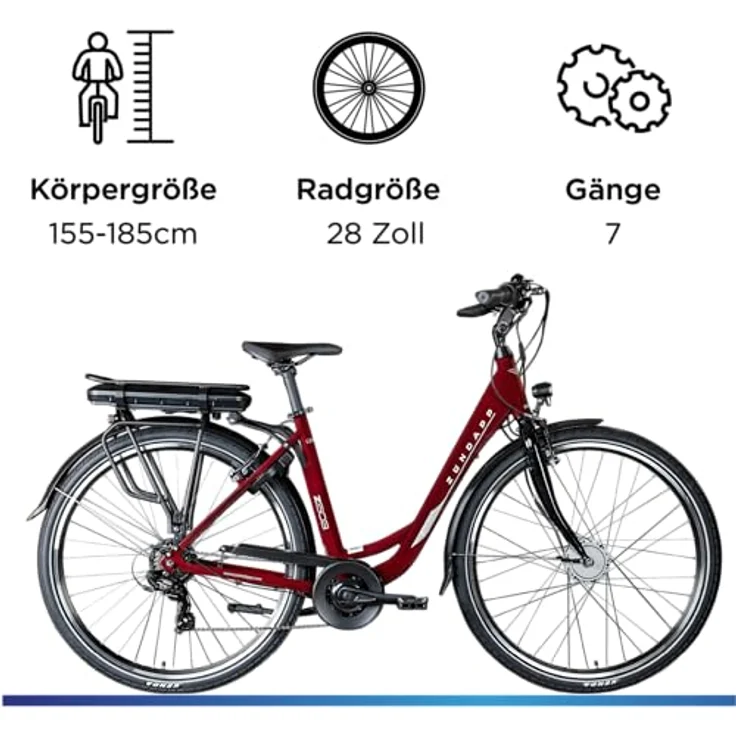 Zündapp E-Bike Z503 City, 28 Zoll, 7-Gang, Vorderradmotor 250 W, 522 Wh, weinrot – Bild 4