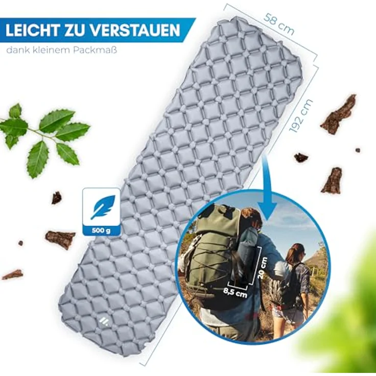 NORDMUT Isomatte Ultraleicht, aufblasbare Camping Luftmatratze mit Reparaturset, wetterfest, kleines Packmaß, grau – Bild 5