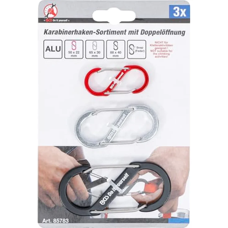 BGS TECHNIC Karabinerhaken-Sortiment mit Doppelöffnung, Aluminium 3-tlg., S-förmiges Design, rostfreie Edelstahlverschlüsse, für Innen- und Außenanwendungen – Bild 4