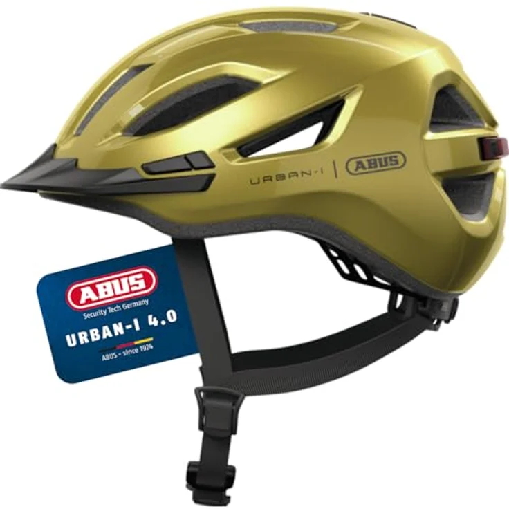 ABUS Stadthelm Urban-I 4.0, Fahrradhelm mit aufladbarem Rücklicht, 2 Leuchtmodi, Zopf-Öffnung, Schirm, magnetischem Verschluss, Größe S, gelb – Bild 1