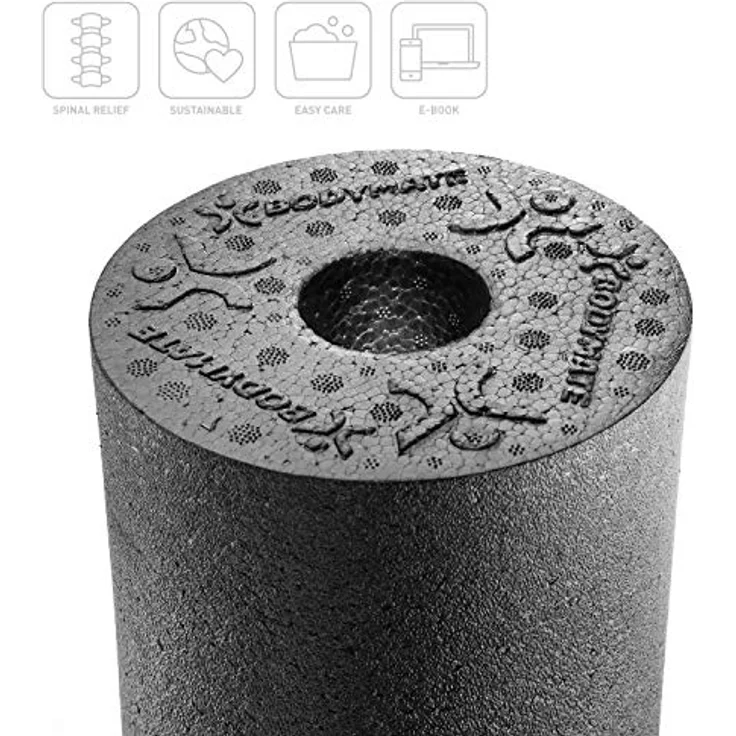 BODYMATE Faszienrolle CARE Mittel-Hart, Wirbelsäulen-Entlastung mit umlaufender Rille, E-Book inklusive, Schwarz, 35x14cm – Bild 2