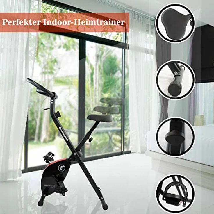 Fjoerdesports faltbarer Fahrradtrainer, Heimtrainer, Fitnessfahrrad LCD Trainingscomputer, klappbarer Hometrainer, inklusive Pulsmessung, maximales Benutzergerwicht 110 kg, 8 Widerstandsstufen (Rot) – Bild 5