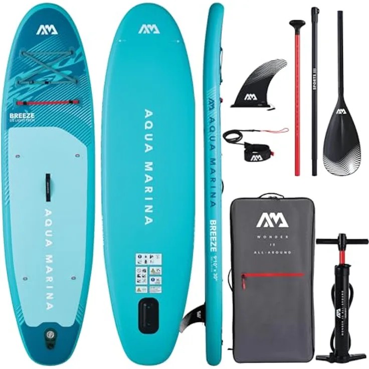 Aqua Marina Breeze, 2,7 m aufblasbares Stand-Up-Paddleboard-Paket mit stabiler Konturenform, EVA-Fußpolster und rotem Spanngurt