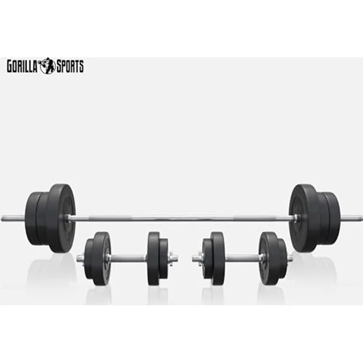 GORILLA SPORTS® Hantelset - 70kg, Langhantelstange 170cm, Gewichte 4x1,25kg / 4x2,5kg / 4x5kg / 2x10kg, 2x Kurzhanteln 30mm, mit 6 Sternverschlüssen, Kunststoff - Hantel Set, Kurzhantelset, Hanteln – Bild 5