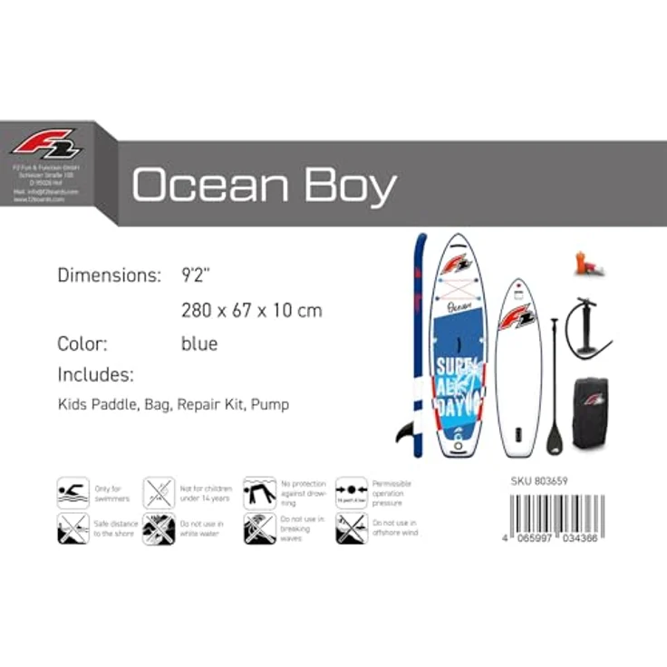 F2 Junior SUP Stand Up Paddle Board Ocean Boy 9'2'', stabile Plattform für junge Paddler, blau – Bild 6