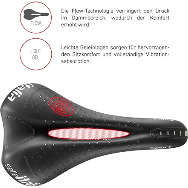 Selle Italia SPORT Gel Flow, Fahrradsattel für Stadt- und Trekkingräder, mit anatomischem Loch, Gelfüllung und FEC-Legierung Schiene, Größe S2, Schwarz – Bild 5
