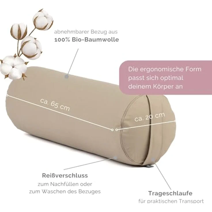 Bodhi Yoga Bolster ECO | Yogarolle mit Bio Dinkelfüllung | Waschbar | Groß 65 x 20 cm (light taupe) – Bild 2