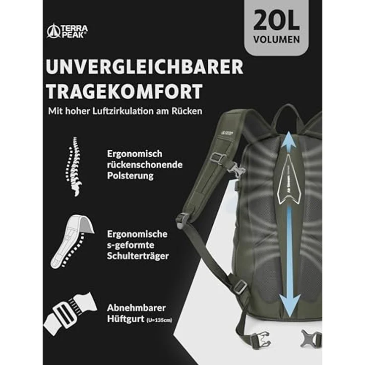 Terra Peak® Premium Wanderrucksack FLEX 20, 20L, wasserdicht, Daypack, olivegrün mit Hüftgurt und Rückenbelüftung – Bild 4