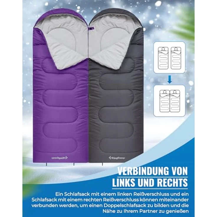 KingCamp Oasis Deckenschlafsack für Erwachsene, wasserabweisend, leichtgewicht, 3 Jahreszeiten, Violett, 220 × 75 cm – Bild 5