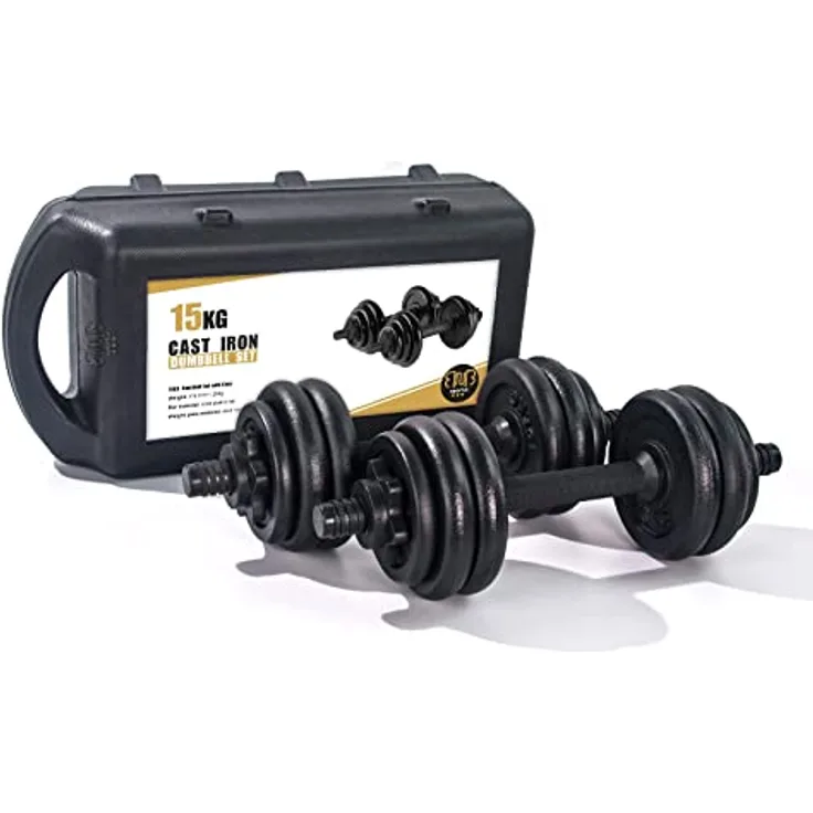 BnB Sports Bodybuilding Hantelset, verstellbare Hanteln mit Gusseisen und Vollsilbergewichten, 15 & 20 kg, Spinlock Kragen, gerändelte Stangen, inkl. transportierbarem Koffer