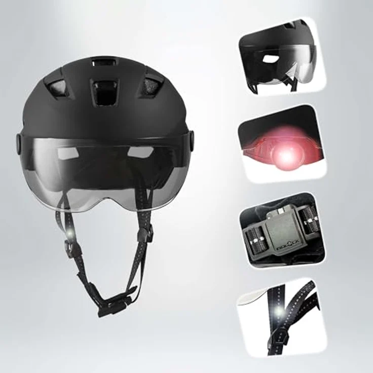 Crazy Safety E-bike Helm für Erwachsene, Schwarz mit Visier und LED-Blinker, EN1078, Größe ML – Bild 3