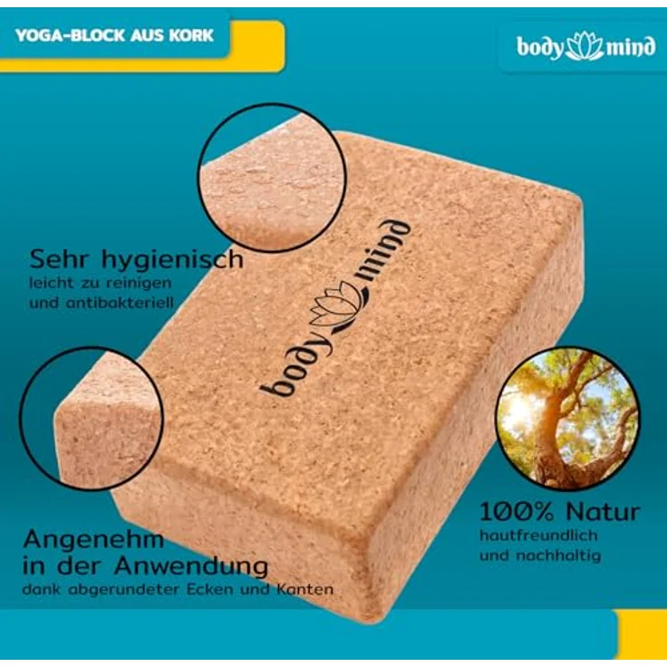 Body & Mind Yogablock Yoga-Klotz aus Kork, rutschfest mit konturierten Kanten, Naturfarben – Bild 2