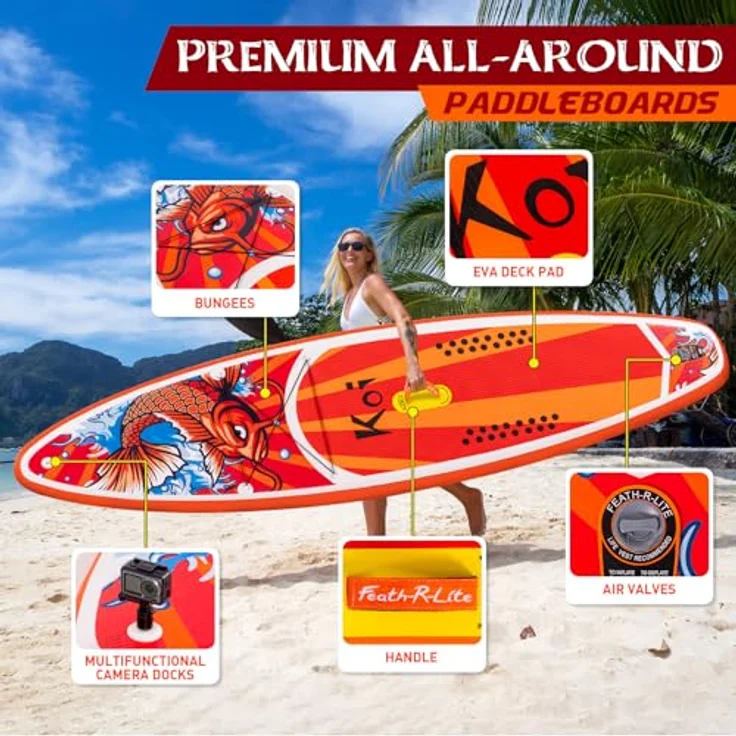 FunWater Aufblasbares Stand Up Paddle Board, 11'6''x33''x6'', ultraleicht mit 3 Finnen, verstellbarem Paddel, Handpumpe, Rucksack, Sicherheitsleine und wasserdichter Tasche, Komplett Set – Bild 4