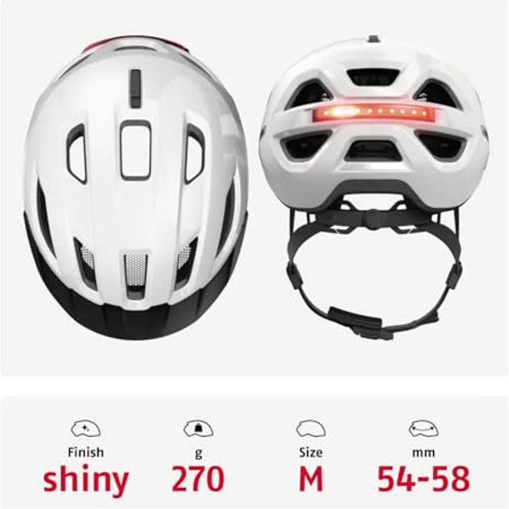 ABUS Stadthelm Urban-I 4.0, Fahrradhelm mit aufladbarem Rücklicht, 2 Leuchtmodi, Schirm, Zopf-Öffnung, magnetischem Verschluss, Größe M, weiß – Bild 3