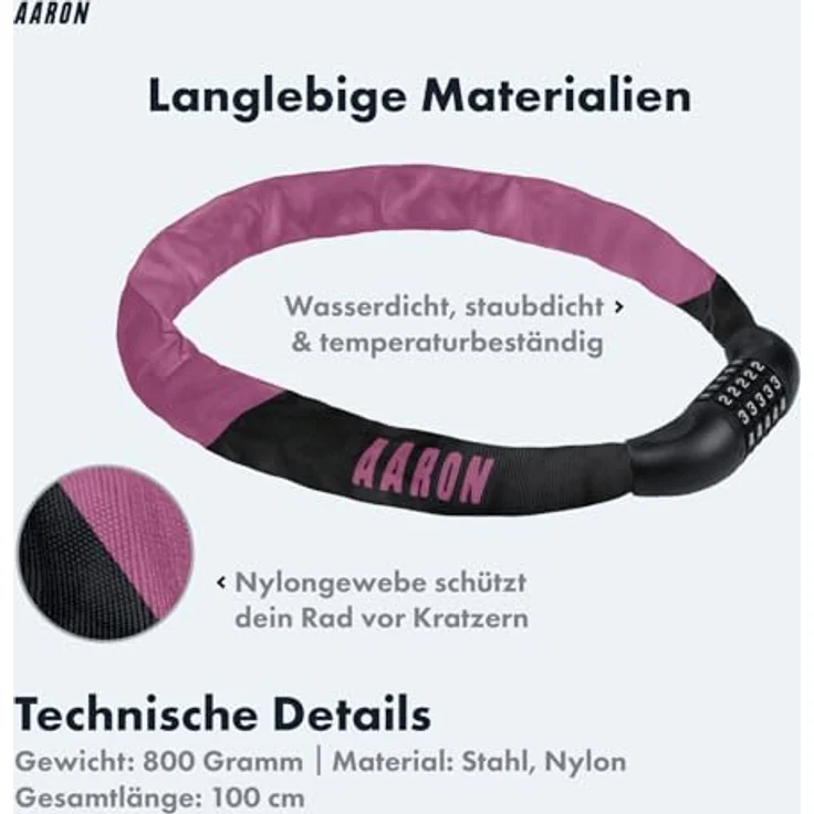 AARON Lock One Fahrradschloss, Kettenschloss mit 5-stelligem Zahlencode, Stahl, hoher Sicherheitsstufe, 100 cm, berry – Bild 3