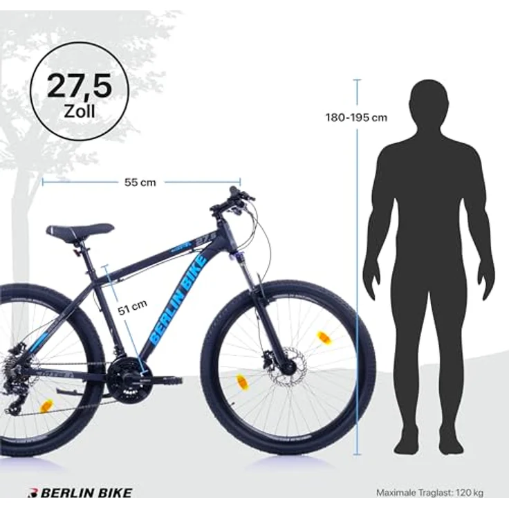 Berlin Bike MTB1 Mountainbike, 27,5 Zoll, 51 cm Rahmenhöhe, hydraulische Scheibenbremsen, Shimano-Set, Schwarz-Silber – Bild 8