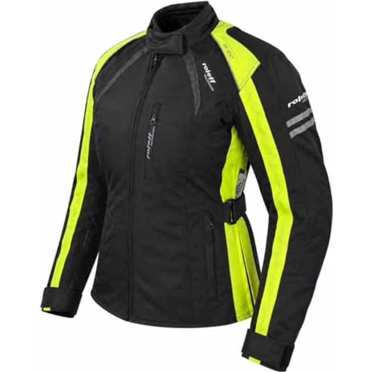 Roleff RO981 Damen Motorradjacke, schwarz-neongelb, wasserdicht, atmungsaktiv mit Protektoren, Größe L – Bild 1